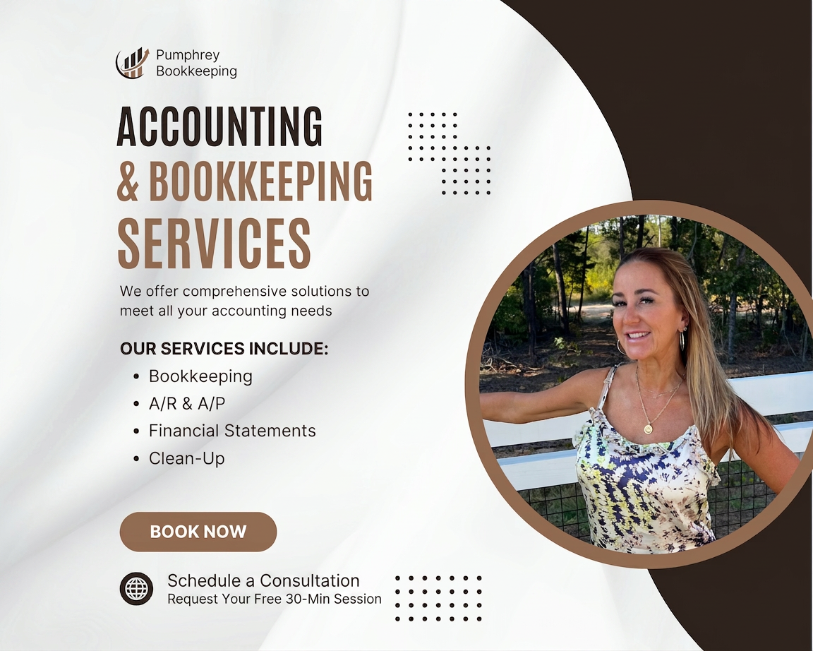Accounting and bookkeeping services advertisement with a list of included services and a photo of a smiling woman outdoors